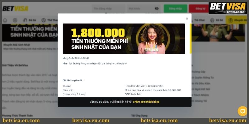 Khuyến mãi tặng thưởng sinh nhật cho hội viên Betvisa